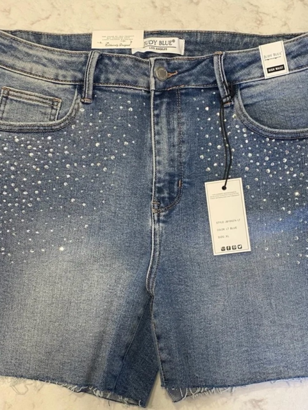 Judy Blue Light Blue High-Rise Denim Shorts with Rhinestones - Picture 3 of 4